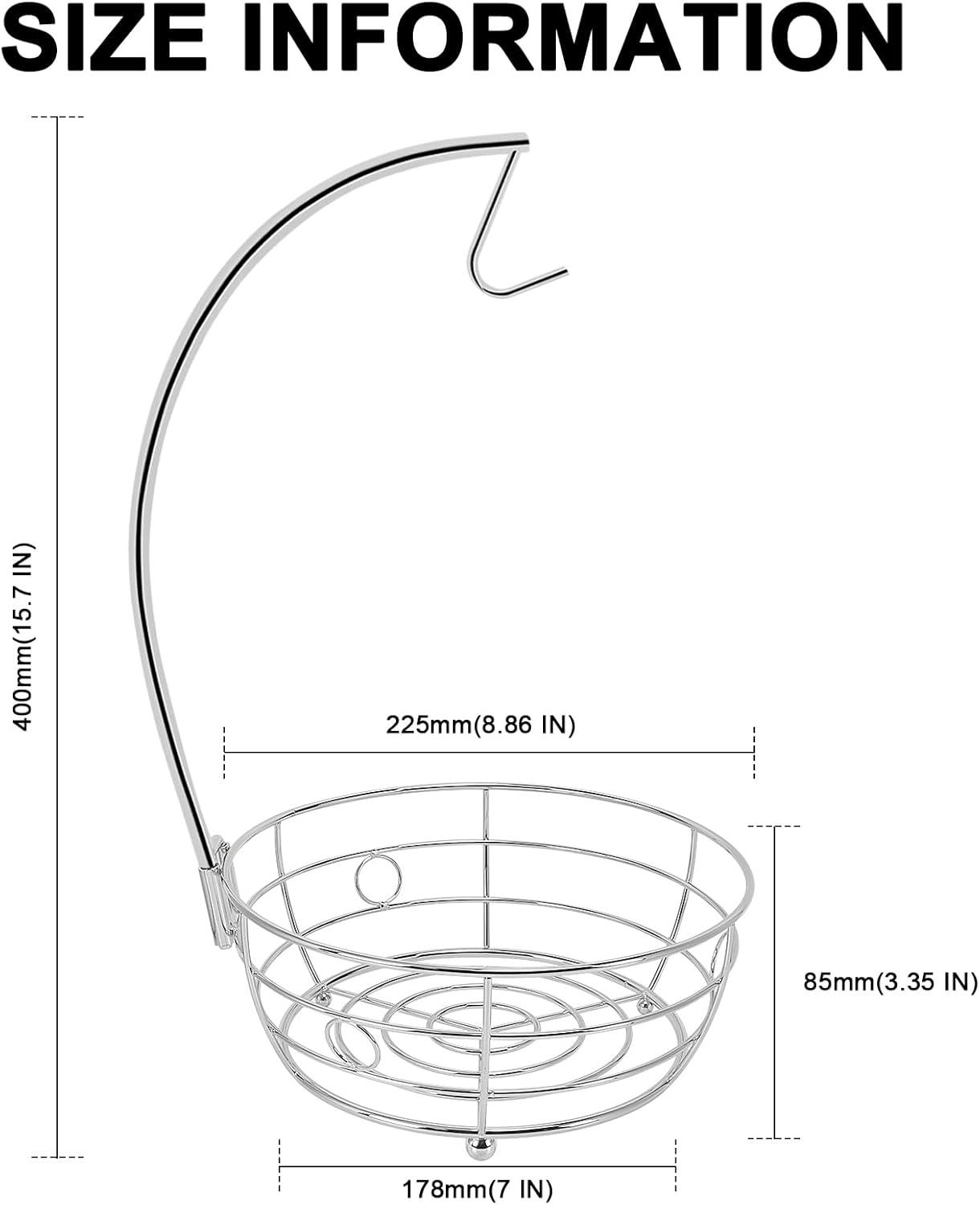 Livabber Countertop Fruit Basket Bowl with Banana Hanger, Modern Standing Fruit Vegetable Bowl Storage, with Banana Tree Holder for Kitchen Dinning Table (Round Metal, Chrome)
