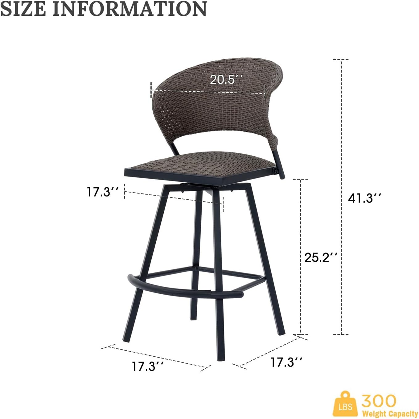 VICLLAX Patio Bar Stool Chairs with Footrests and Padded Seat, Bar Height Swivel Patio Chairs Set of 6, Brown Woven Wicker Swivel Bar Stools for Lawn Garden