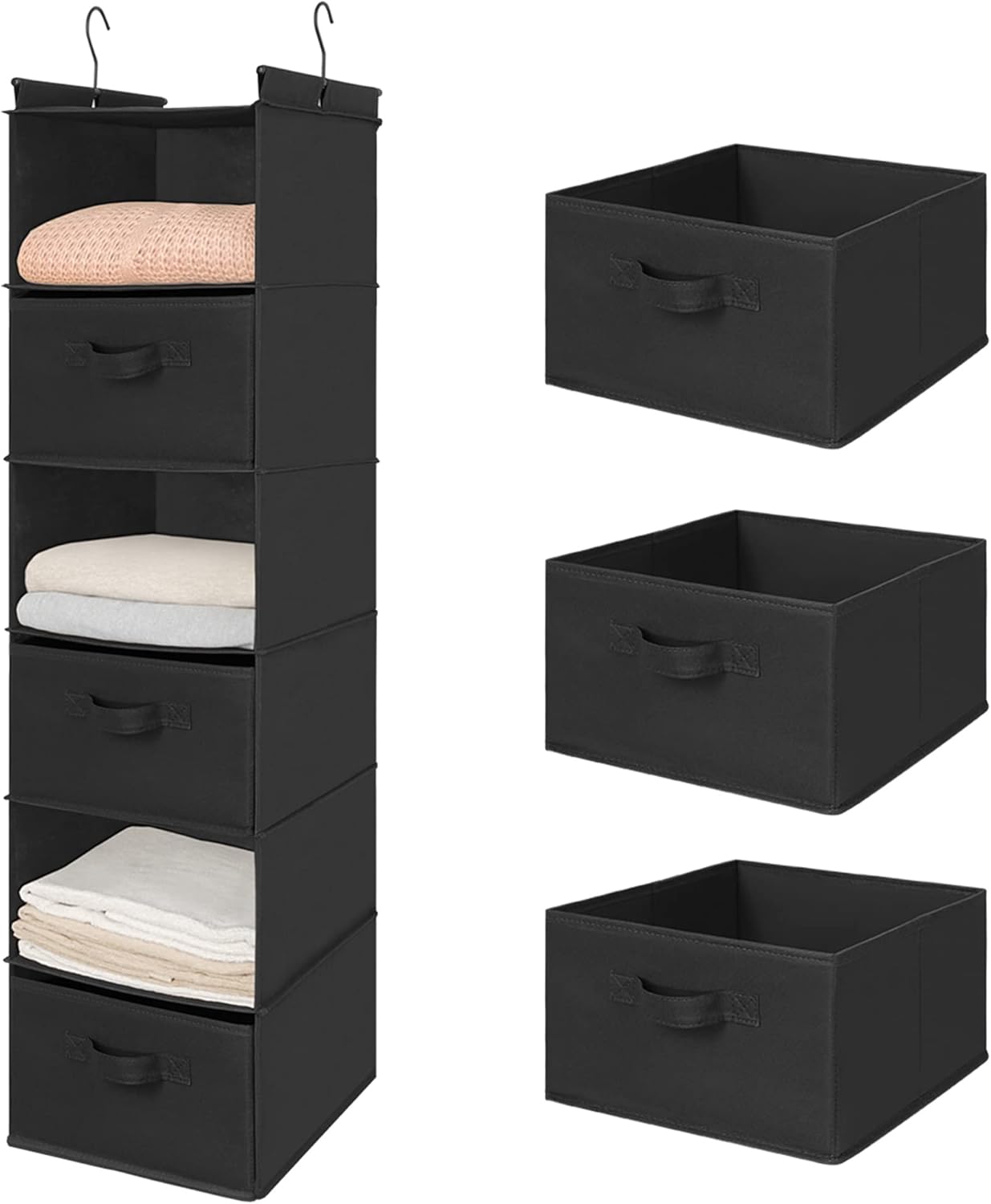 MAX Houser 6 Tier Shelf Hanging Closet Organizer, Closet Hanging Shelf with 2 Sturdy Hooks for Storage, Foldable (Black-D3)