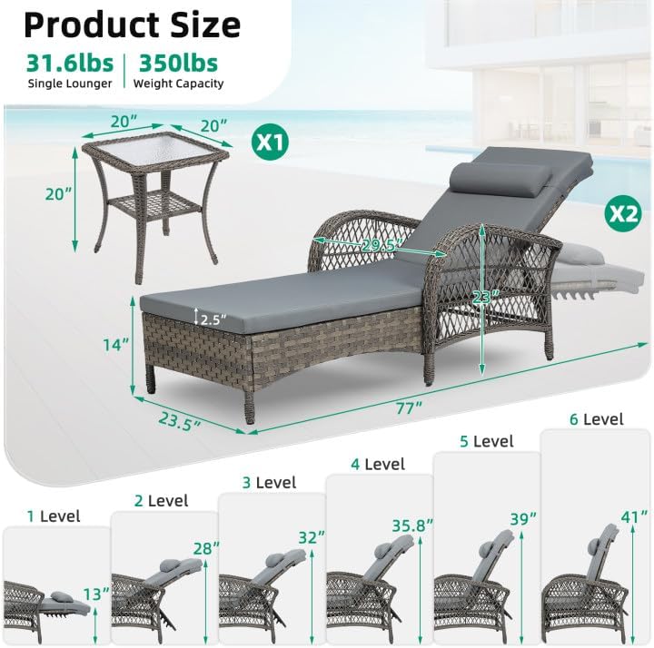 VIVIJASON 3 Pieces Outdoor Wicker Chaise Lounge Chair Set, All-Weather PE Rattan Cushioned Patio Lounger Set of 2 with Side Table, Adjustable Pool Sunbathing Recliner with Armrest & Pillow, Gray