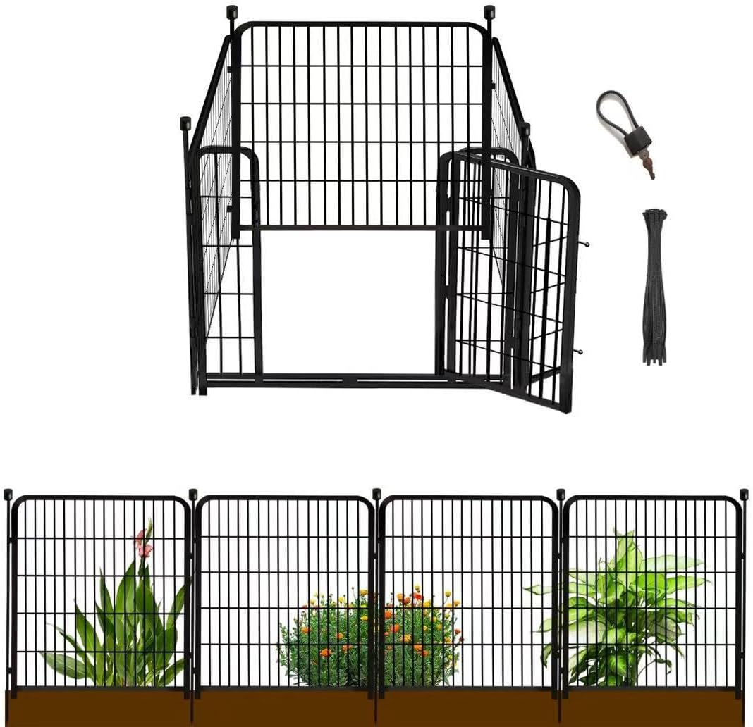 Garden Fence with Gate 48 in(H)×27 in(L) 4 Panels, Heavy Duty Iron Animal Barrier Fence, Rabbit Fence for Garden, Suitable for Indoor Pet Or Outdoor Dog Fencing, Total 8.9 Ft(L), Black