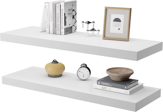 Large Floating Shelves for Wall Set of 2 Wooden Wall Shelves 36 in x 12.75 in x 2 in Room Decor Long Shelf with Invisible Wall Mount Bracket for Bedroom Kitchen Living Room White