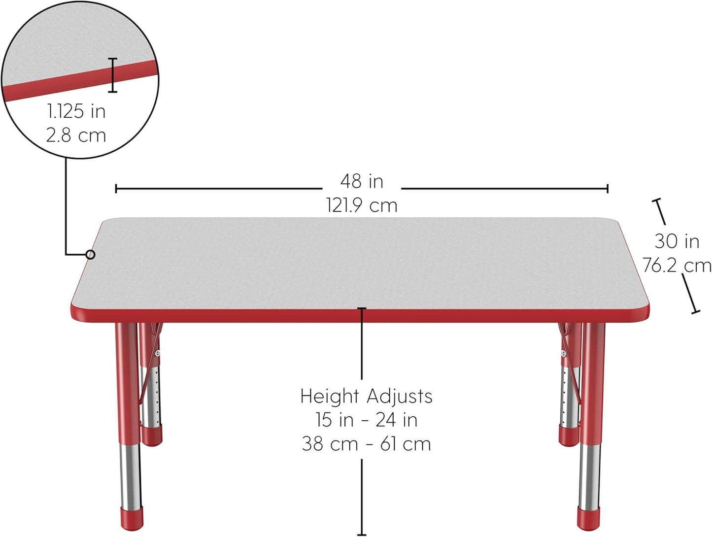 FDP Rectangle Activity School and Classroom Kids Table (30 x 48 inch), Chunky Toddler Legs, Adjustable Height 15-24 inches - Gray Top and Red Edge