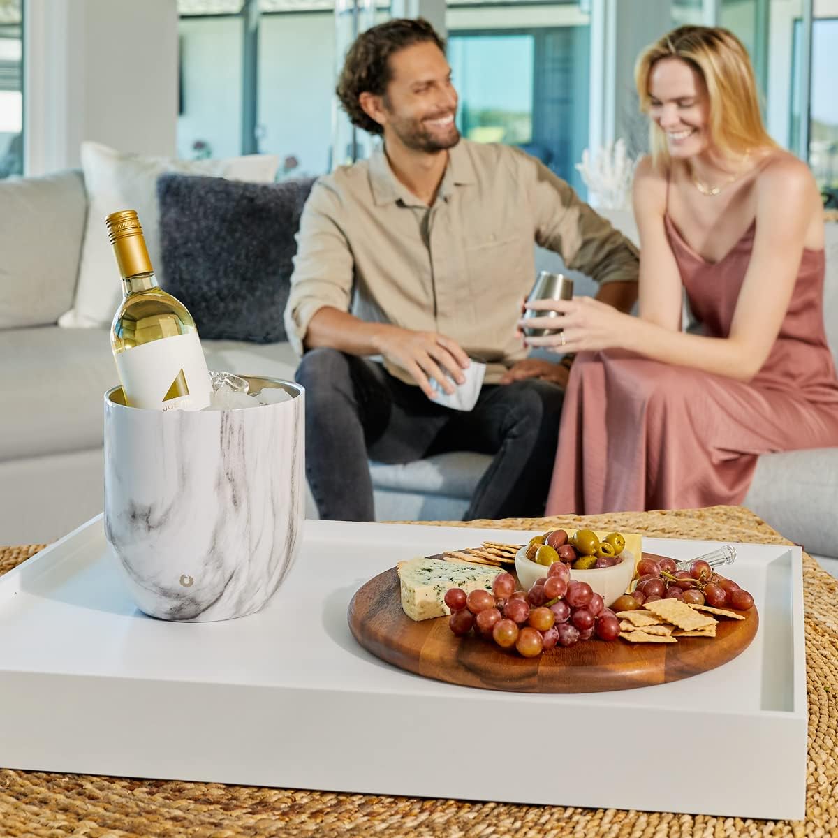 SNOWFOX Premium Vacuum Insulated Stainless Steel Ice Bucket with Lid/Tongs, Non-Rubber Bottom, Home Bar Accessories, Bartending Ice Buckets for Parties, Outdoor Entertaining Supplies, 3L, Marble