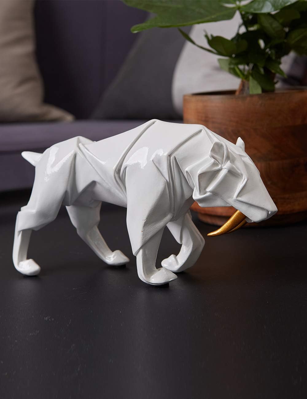 HAUCOZE Dinosaur Statue Arts Animal Figurine Modern Decor Leopard Sculpture Polyresin White 9.8inch