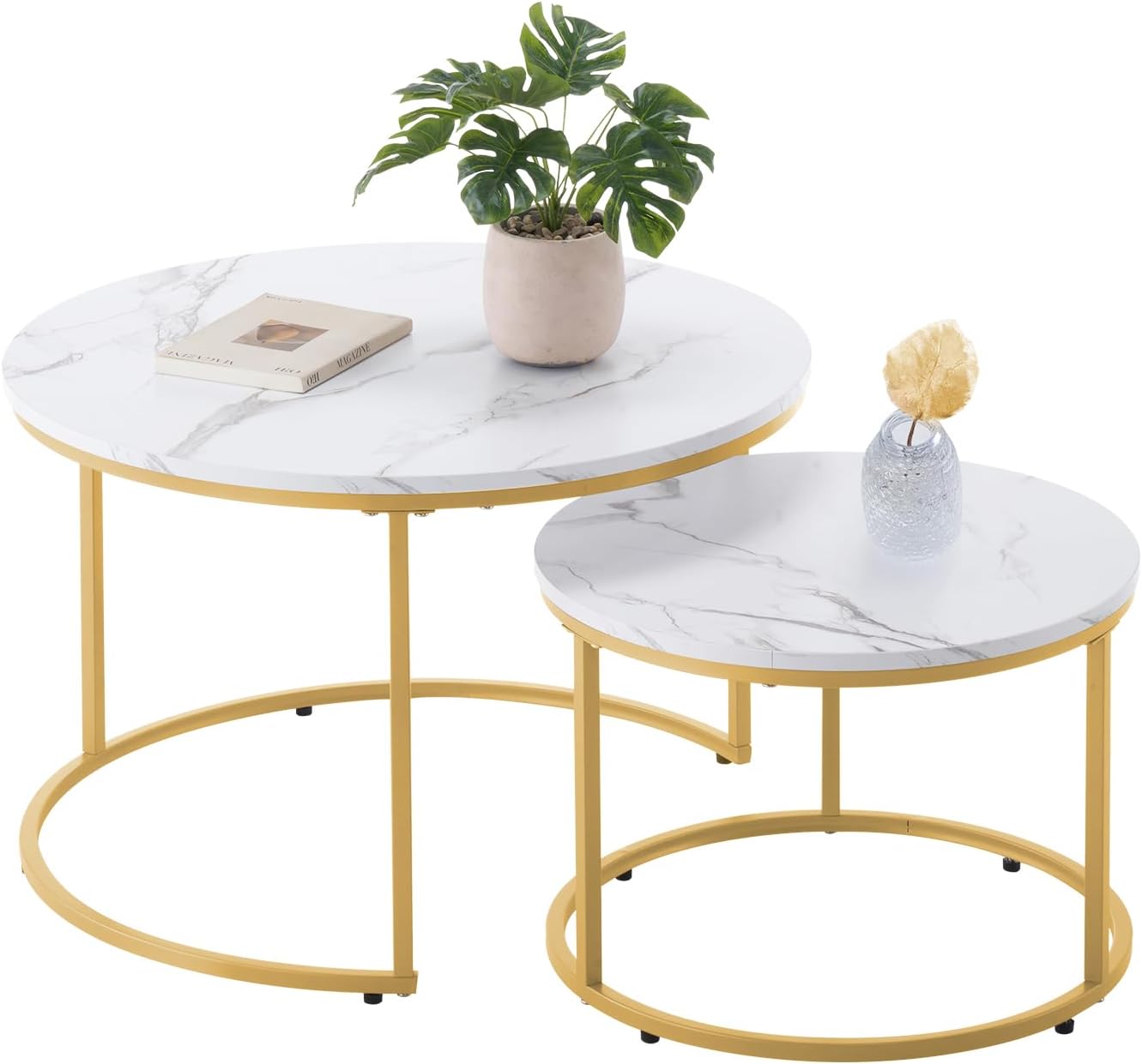 VEVOR Nesting Tables, Coffee Table Set of 2, 27.6 inch Round Coffee Table, Small Coffee Tables Night Stand with Metal Frame, for Living Room, Bedroom, Office (White & Gold)