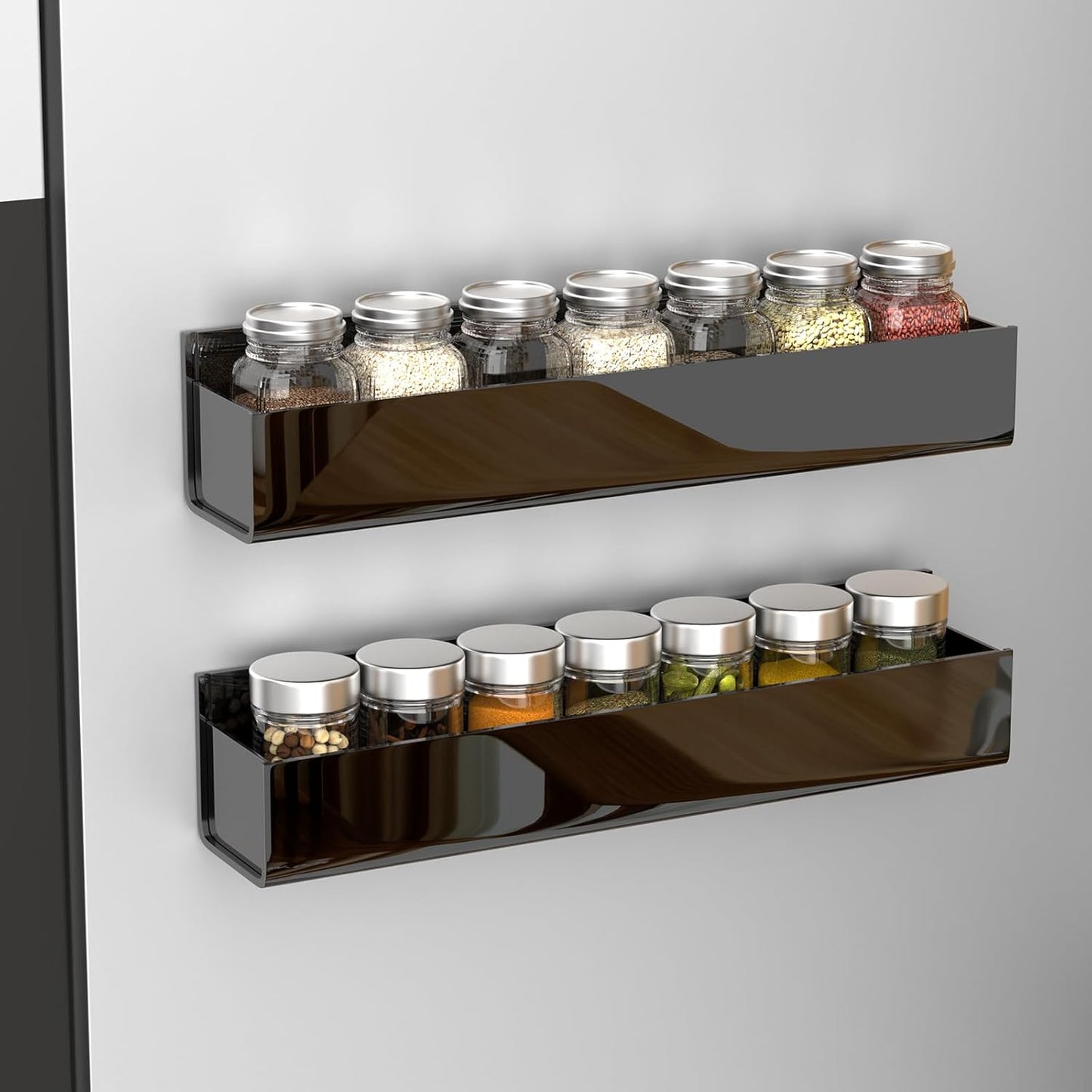 PMMASTO Adhesive Acrylic Spice Rack Organizer for Wall with Nano Double Sided Tape, Spice Shelf Organization for Kitchen Cabinet Door/Pantry Door, Wall Mount Seasoning Rack (Black - 4 Pack)