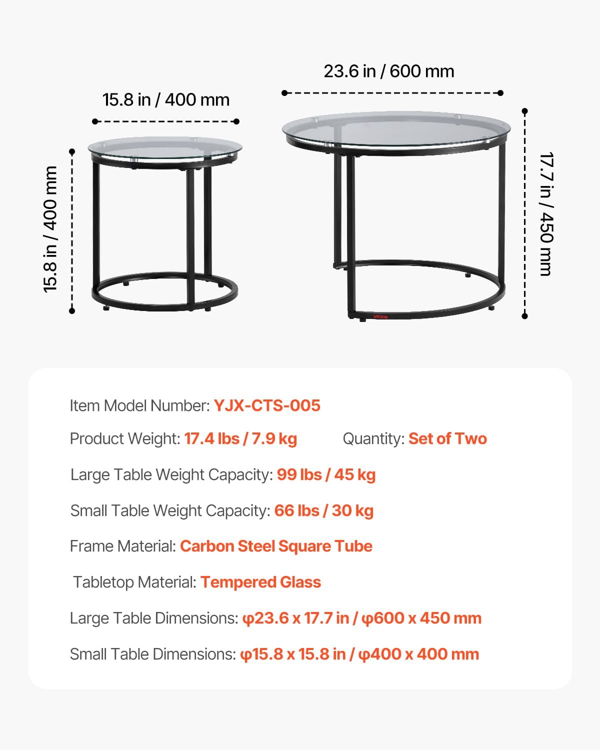 VEVOR Nesting Tables, Glass Coffee Table Set of 2, 23.6 inch Round Coffee Table, Small Coffee Tables Night Stand with Metal Frame, for Living Room, Bedroom, Office
