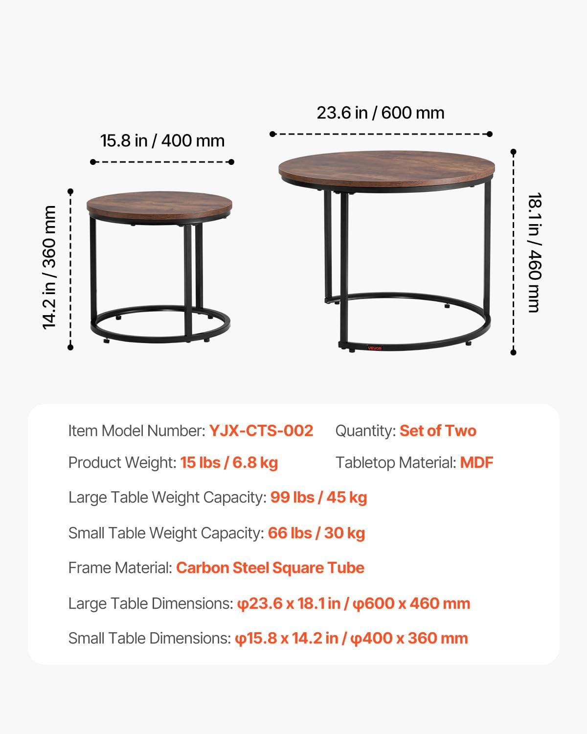 VEVOR Nesting Tables, Coffee Table Set of 2, 23.6 inch Round Coffee Table, Small Coffee Tables Night Stand with Metal Frame, for Living Room, Bedroom, Office (Brown & Black)