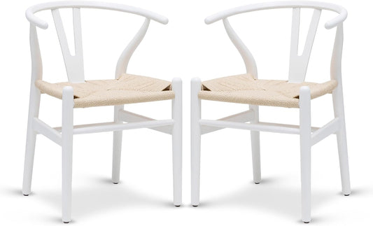 POLY & BARK Weave Dining Chairs – Mid-Century Modern Wishbone Dining Chairs with Arms, Solid Wood Frame, Indoor Use – White – Set of 2 - Ideal for Dining Room, Kitchen or Stylish Accent Setting