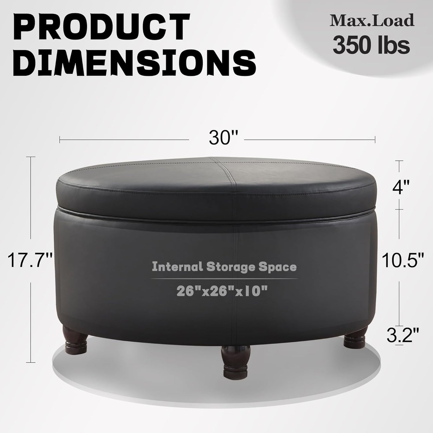 30-Inch Round Storage Ottoman, Modern Ottoman Coffee Table with Removable Top for Living Room, Bedroom, Office (Black)