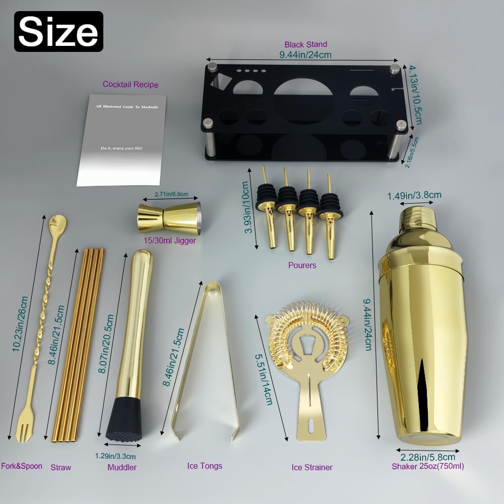 14-Piece Cocktail Shaker Set Bartender Kit with Black Stand, Bar Tool Set for Drink Mixing Bartending Kit Bar Sets Accessories: 750ml(25oz) Shaker, Jigger, Muddler, Cocktail Recipes (Gold)
