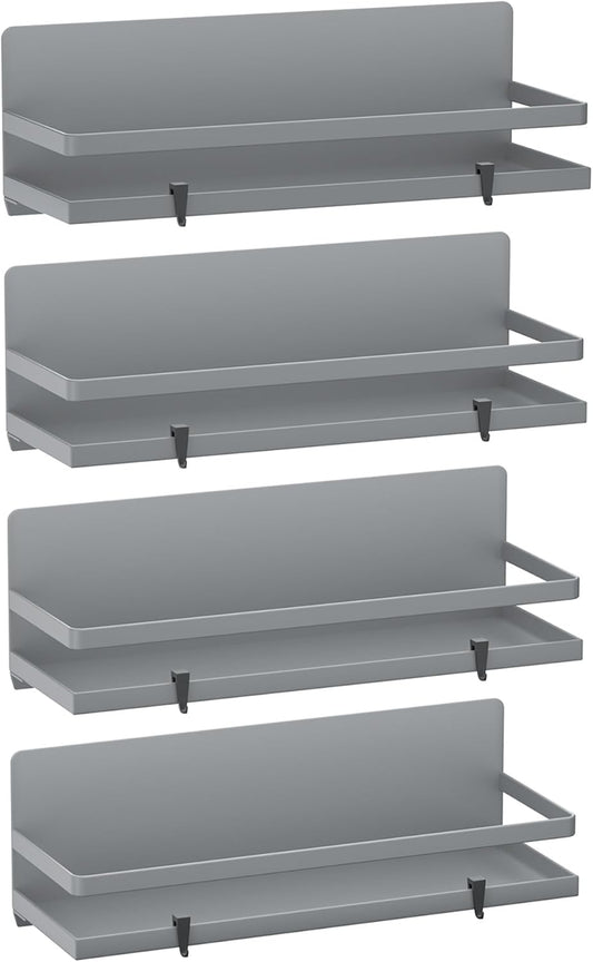 Magnetic Spice Rack for Refrigerator Moveable Magnetic Shelf Organizer Kitchen Seasoning Jars Storage Rack Fridge Magnet Organizer,Grey,4 Packs