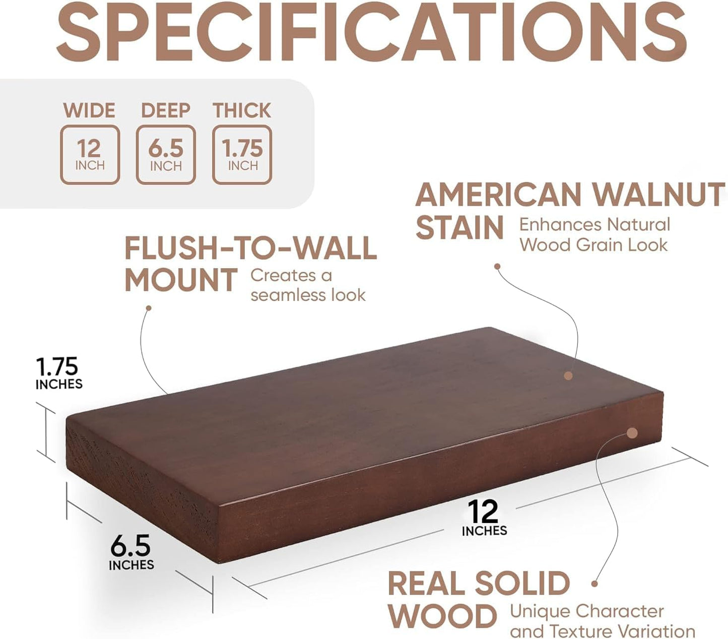 Homeforia Walnut 12 inch Floating Shelf, High End Solid Real Wood Small 12inch Floating Shelves for Wall Mounted, Dark Brown 12in Floating Shelves, Heavy Duty Bracket, 12 X 6.5 X 1.75 inches, Set of 2