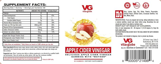 VitaGlobe Apple Cider Vinegar 500mg with B6, B12 and Folate Gummy with Mother - Formulated for Healthy Calorie Loss and Energy Supplement, 60 Count