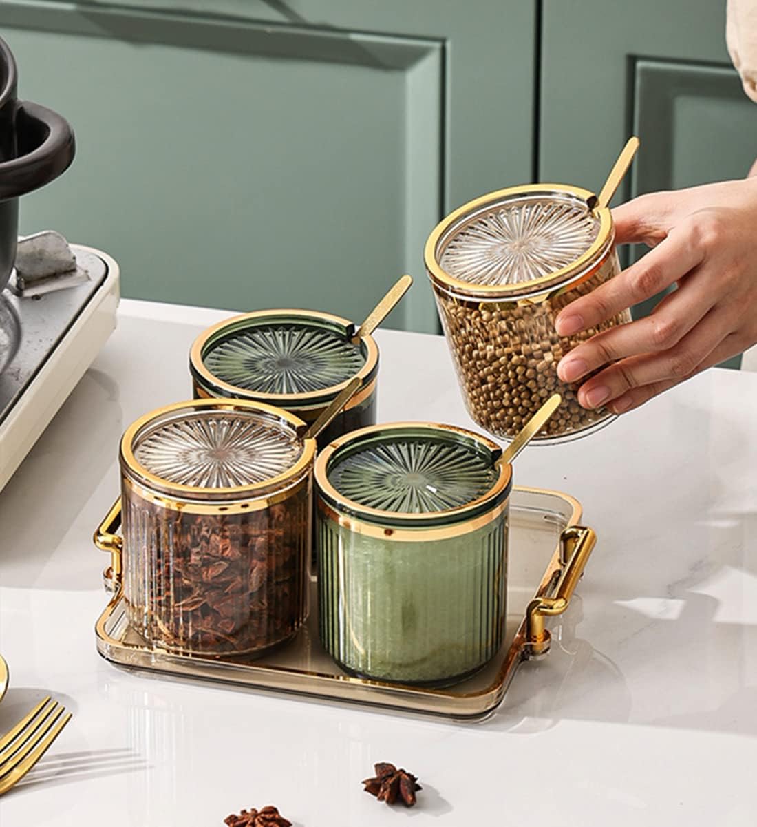 Acrylic Condiment Spice Jars,Condiment Spice Box With Lids and Spoons and Tray,Clear Plastic Condiment Canisters,Seasoning Box 6 Pack,Seasoning Box Set for Kitchen to Storage Salt,Paprika,Sugar