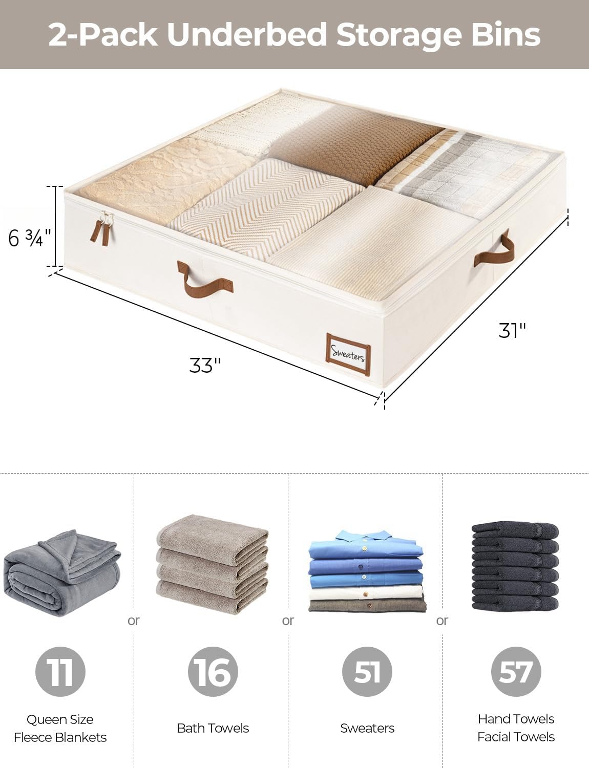 StorageWorks Underbed Storage Box, Under Bed Clothes Organizer With Sturdy Structure and Ultra Thick Fabric, Beige, 33" L x 31" W x 6 ¾ "H, 2 pack