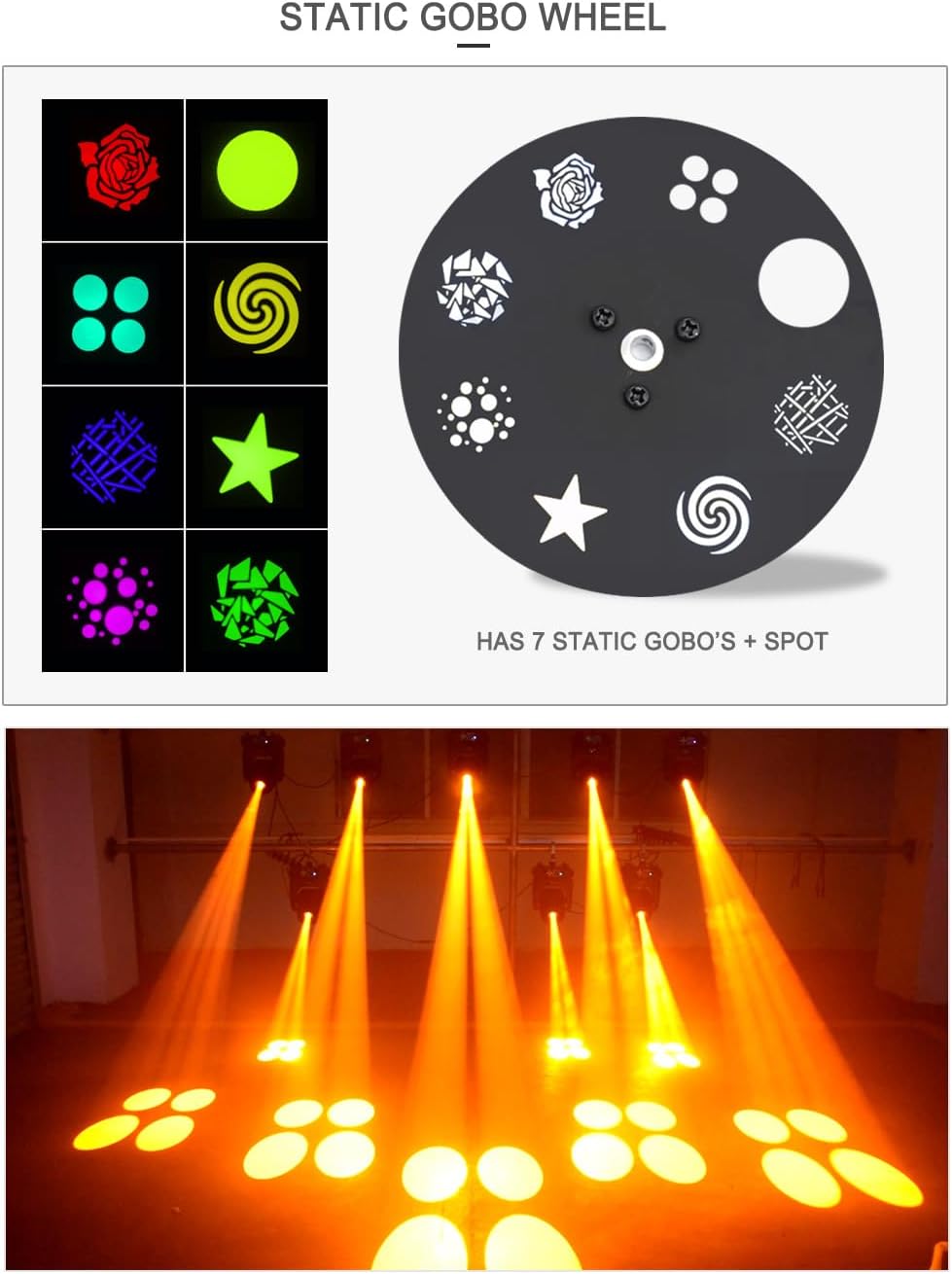 DJCLUB Moving Head Lights LED 100W Spot Effect with 6 Rotating & 7 Gobos 8 Colors Projector 5-Facet Prism by DMX512 Control Stage Lights for Disco Bar Wedding Party