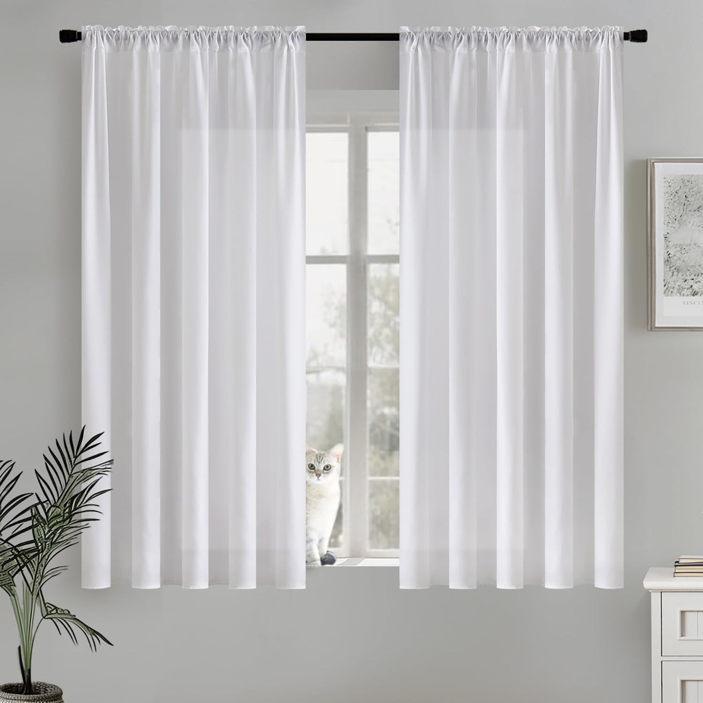 MIULEE White Privacy Sheer Curtains That Let Light in Non-See-Through Semi Sheer Curtains Light Filtering Window Curtain Drapes for Living Room Bedroom 42 X 45 Inches Long 2 Panels Set