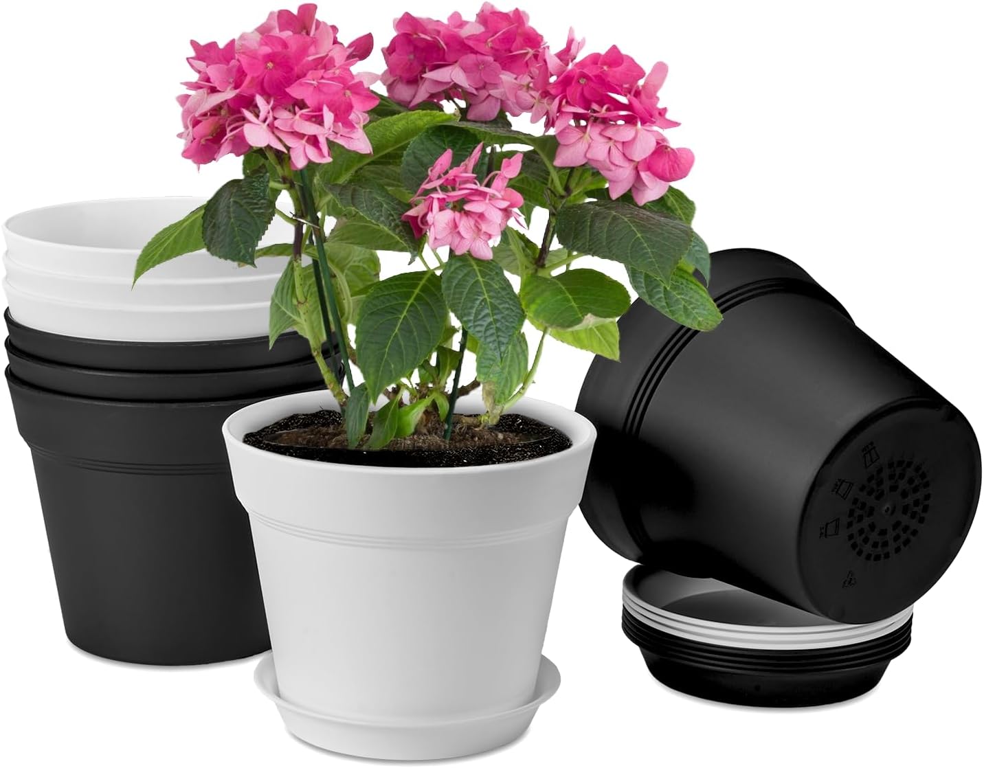 homenote Plant Pots,7.5 Inch Flower Pots for Plants Plastic Planters for Indoor with Multiple Drainage Holes and Trays, for All Home Garden Flowers Succulents,Outdoor(White&Black,8 Pack)