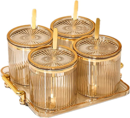 Acrylic Condiment Spice Jars,Condiment Spice Box With Lids and Spoons and Tray,Clear Plastic Condiment Canisters,Seasoning Box 4 Pack,Seasoning Box Set for Kitchen to Storage Salt,Paprika,Sugar