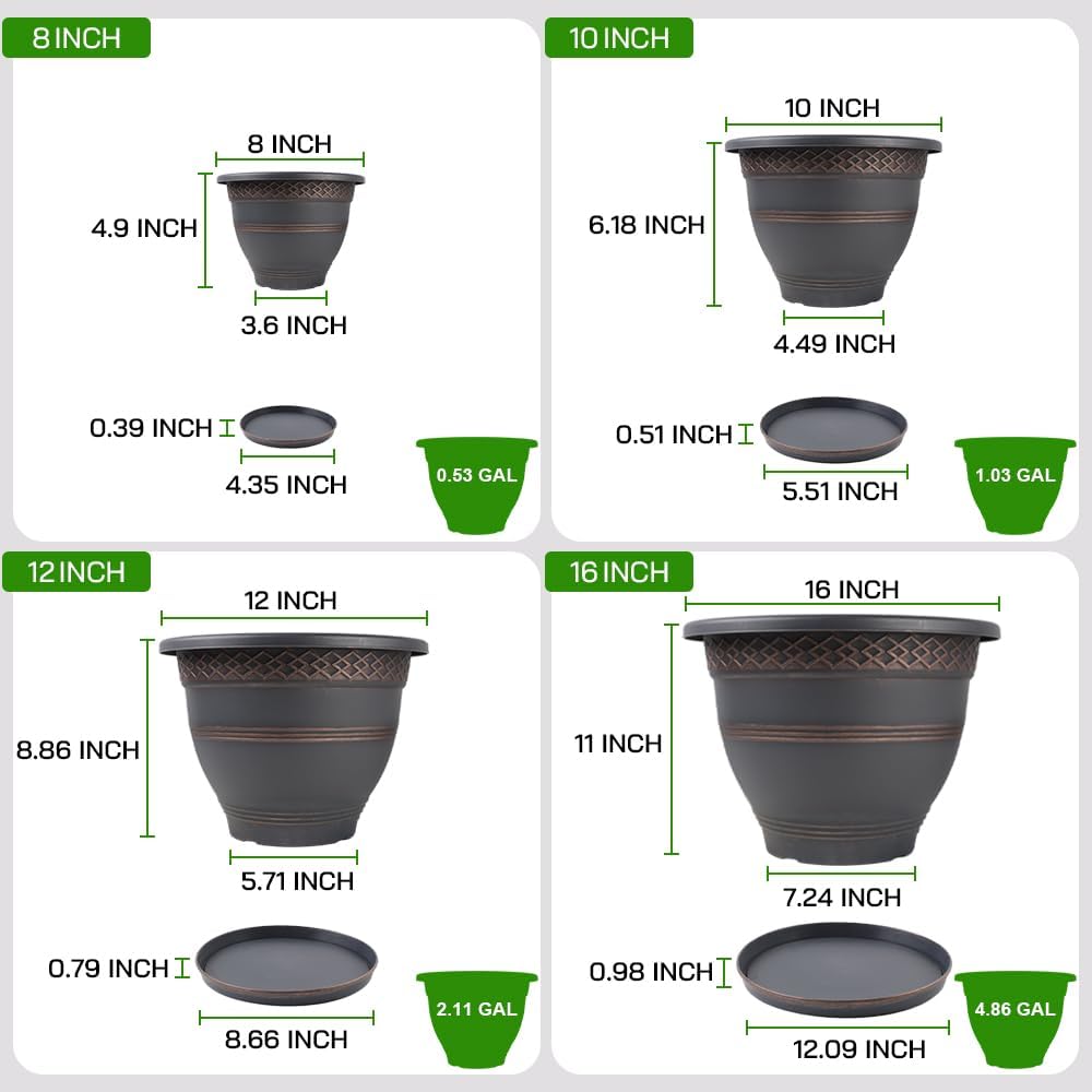 4 Pack 16 Inch Large Plant Pots, Plastic Flower Pot for Indoor & Outdoor with Drainage Holes & Saucer, Plaid Pattern Planters Garden Pots for Herbs