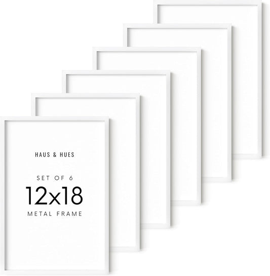 HAUS AND HUES 12x18 White Metal Picture Frames - Features Premium Aluminum, Vertical & Horizontal Hang, Shatterproof Plexiglass - Perfect for Home, Room, Office (12x18 in, White, Set of 6)