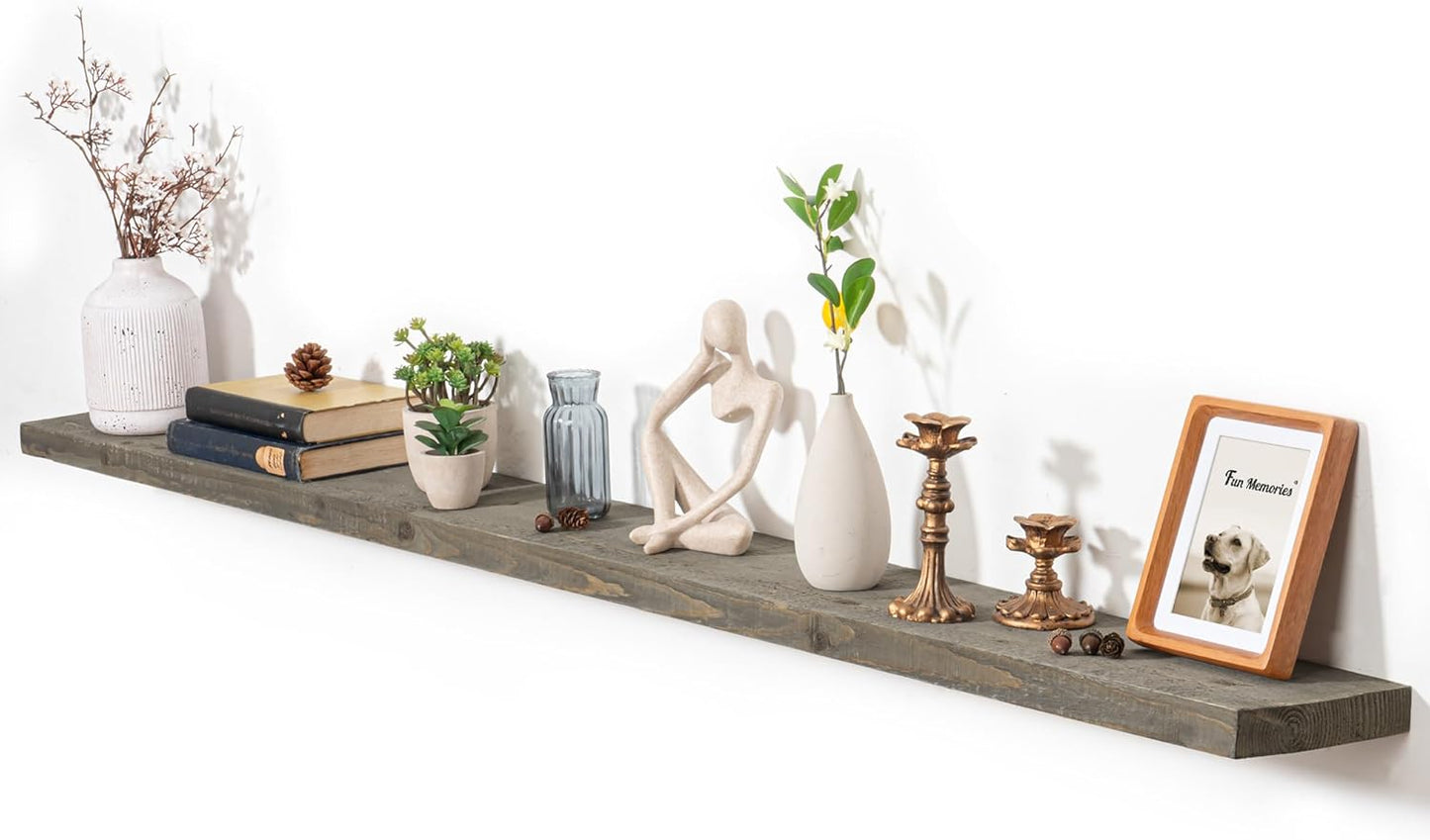 Fun Memories Floating Shelves for Wall Dec, 72"x8" Rustic Reclaimed Wood Shelves, Heavy-Duty Wall Mounted Shelves with Invisible Brackets for Living Room, Bedroom, Kitchen, Grey Finish