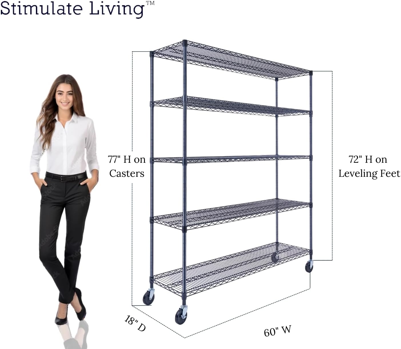 60"x18"x72" Prime Heavy Duty Black 5-Tier Wire Shelving NSF 4000 LBS MAX Capacity Storage Rack for Commercial, Hospital, School, Garage, and Kitchen Uses (with Wheels)