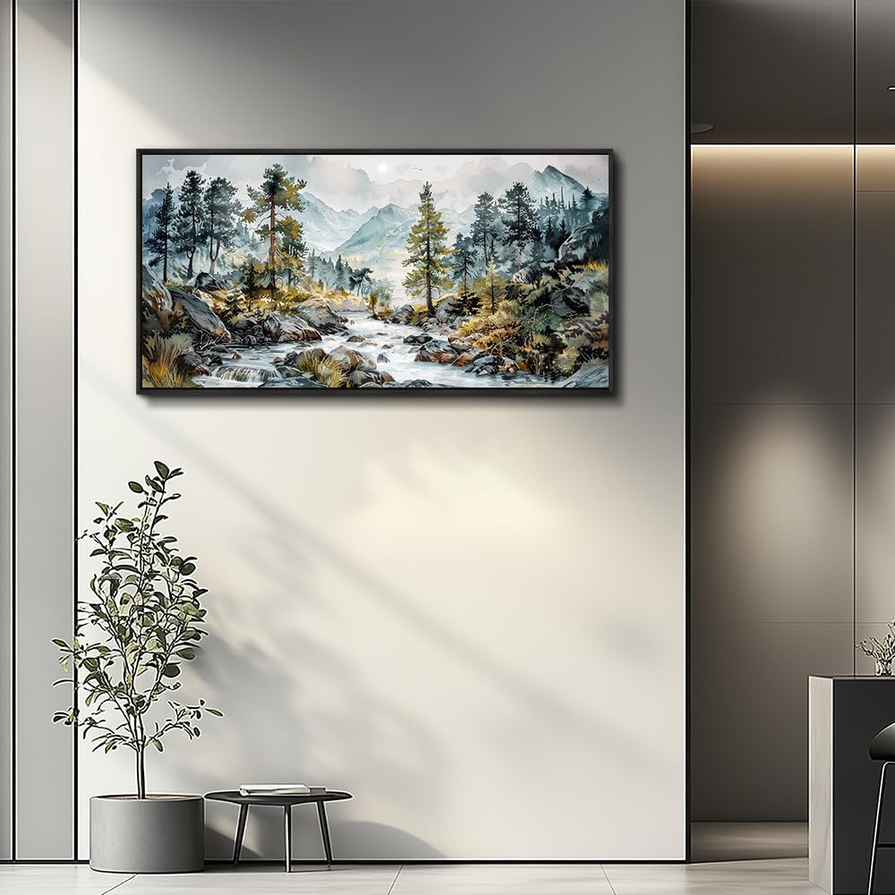 PHAOHUAXM Large Wall Art For Bedroom Wall Decor For Living Room Office Home Decoration Rivulet View Painting Forest Tree Landscape Watercolour Canvas Pictures Ready To Hang Black Framed 20x40 In