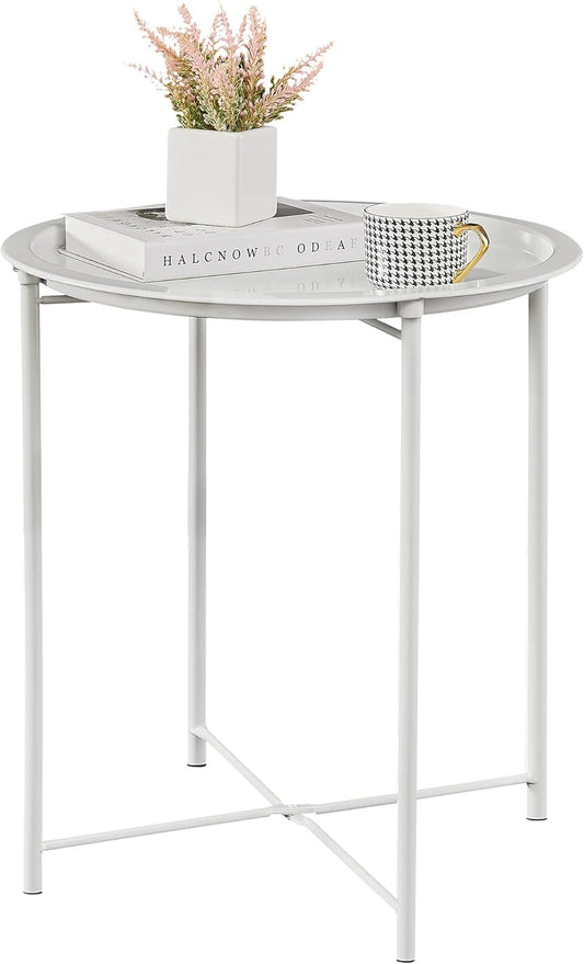 VECELO Side/End Table, Folding Round Metal Anti-Rust and Waterproof Outdoor or Indoor Tray for Living Room Bedroom Balcony and Office, 1 PCS, Beige