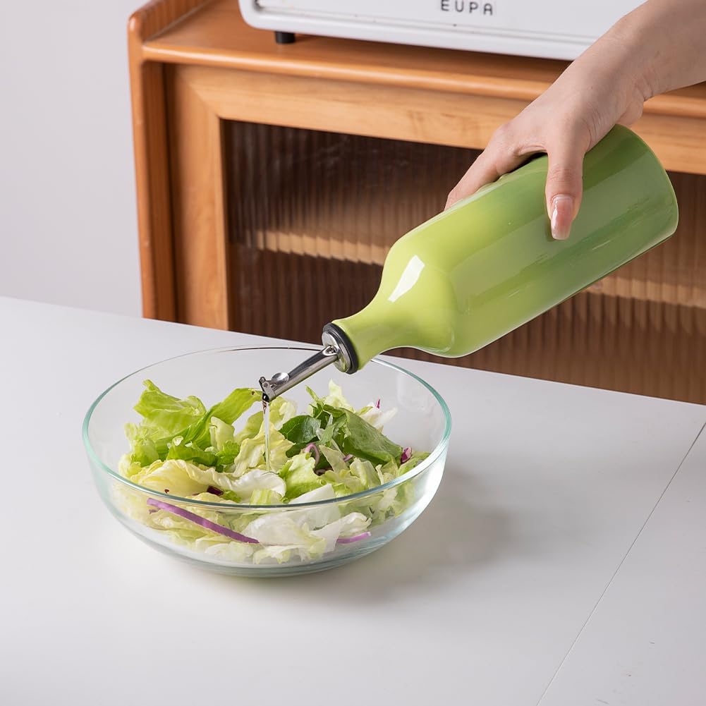 Sweejar Ceramic Olive Oil Dispenser Bottle, 20 Oz Relief Opaque Oil Cruet Protects Oil To Reduce Oxidation, Storage Oil, Vinegar, Soy Sauce, Coffee Syrup, Liquids, Set of 1 (Gradient Green)