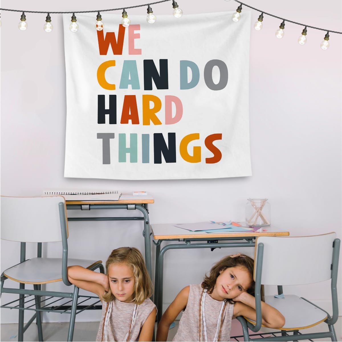 QGFM We Can Do Hard Things Inspirational Tapestry, Boho Classroom Decor, Inspirational Wall Decor, Motivational Tapestry Wall Hanging for Classroom Nursery Kids Room Playroom Decor, 50x60 Inches