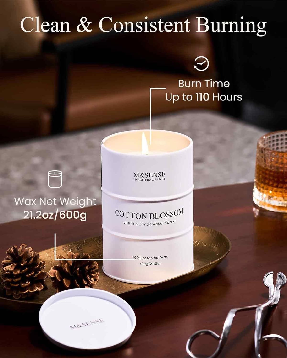 M&SENSE Cotton Blossom Scented Candles Large, Natural Soy Candles 21.2oz 120 Hour Slow Burning,Aromatherapy Candle for Stress Relief Meditation Relaxing