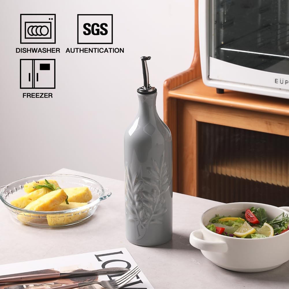 Sweejar Large Ceramic Olive Oil Dispenser Bottle, 24 Oz Relief Opaque Oil Cruet Protects Oil To Reduce Oxidation, Storage Vinegar, Soy Sauce, Coffee Syrup, Liquids, Set of 1 (Gray)