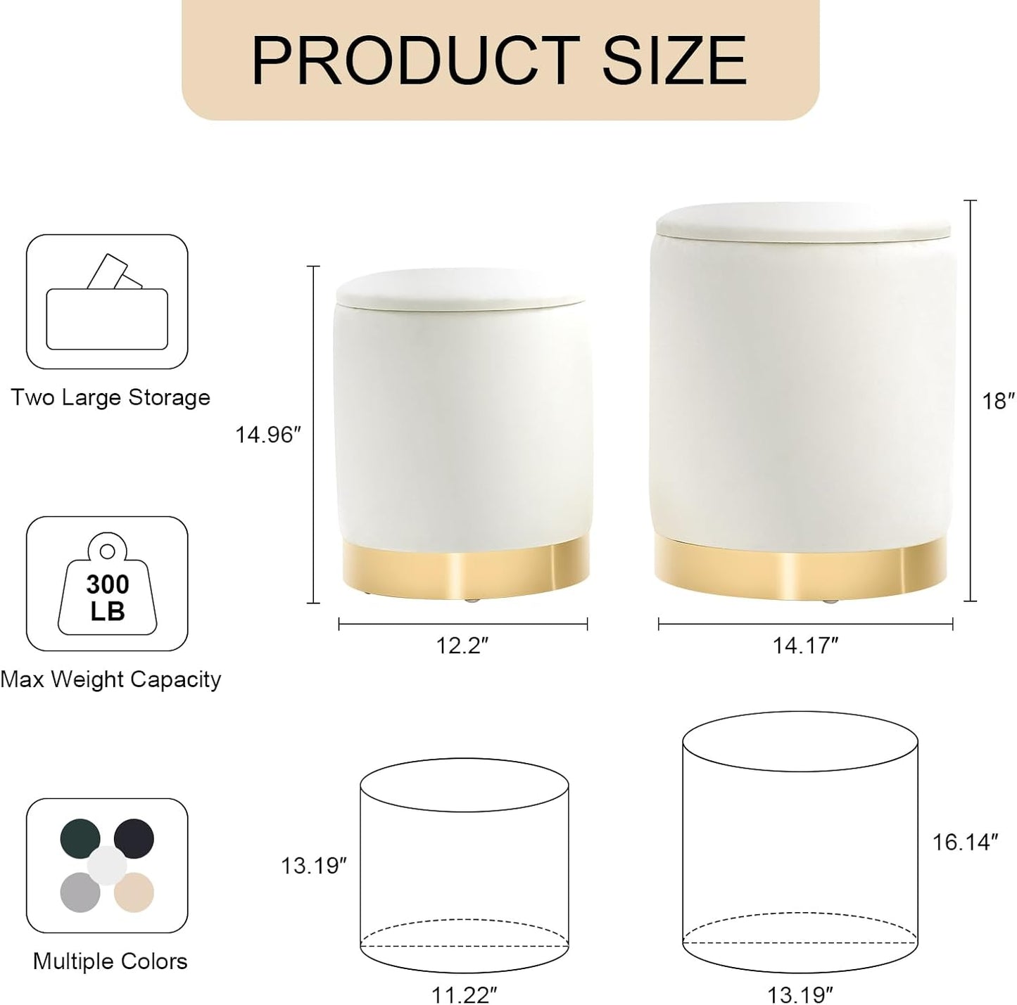 Round Ottoman with Storage Set of 2, Upholstered Velvet Storage Ottomans, Vanity Stool, Multifunctional Ottomans, Coffee Table Foot Rest Ottoman for Living Room Bedroom, White