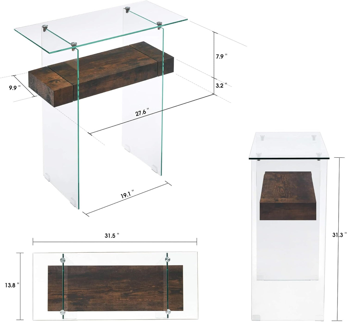 ivinta Narrow Glass Console Table with Storage, 31.5'' Rustic Entryway Table with Storage Shelves for Living Room, Hallway, Foyer, Bedroom 5103 (Dark Brown)