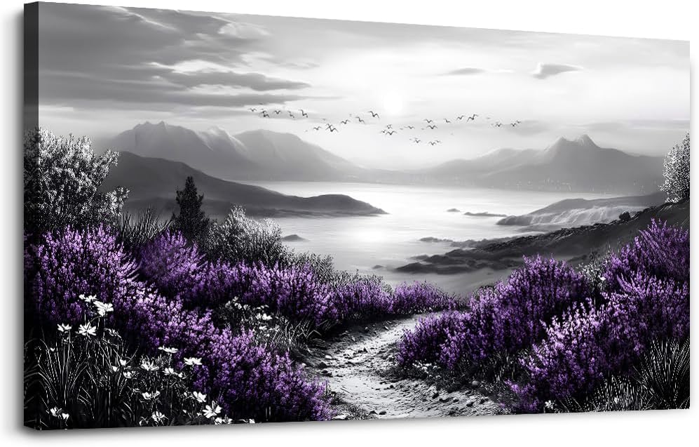 KELIYUAN Large Purple Grass Wall Art Home Decor Bedroom Office Black And White Landscape Modern Printed Canvas Wall Decor Natural Scenery Living Room Decoration Can Be Hung Directly 30x60 Inches