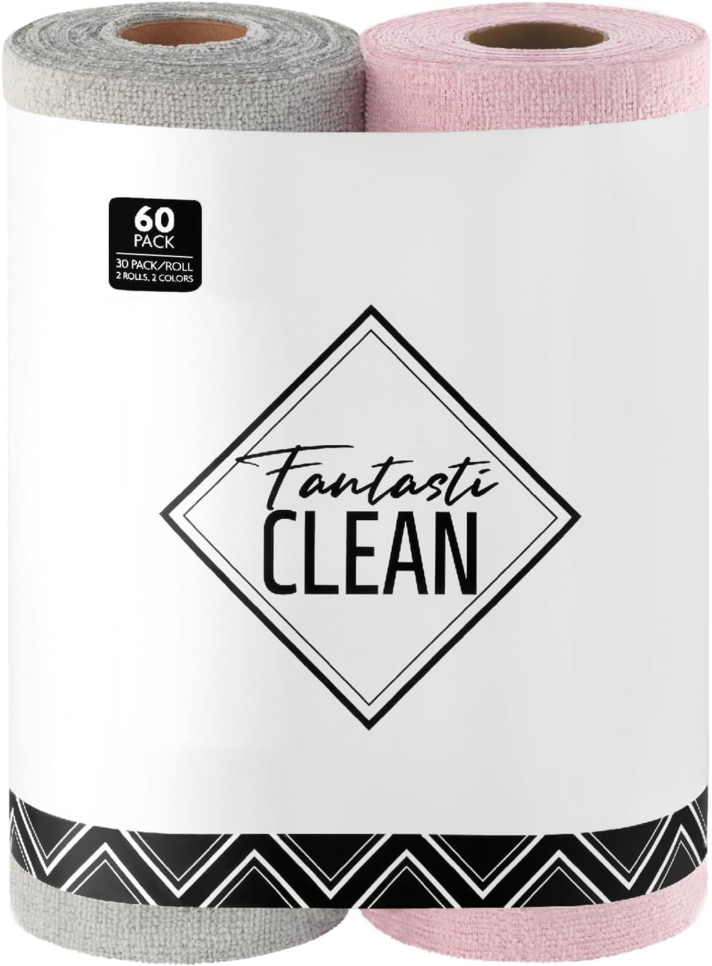 Fantasticlean Microfiber Cleaning Cloth Roll -60 Pack, Tear Away Microfiber Towels, 12" x 12", Reusable, Washable, Scratch Free, Ultra Absorbent Dish Rags for Car, Home, Garage or Shop (Pink & Grey)