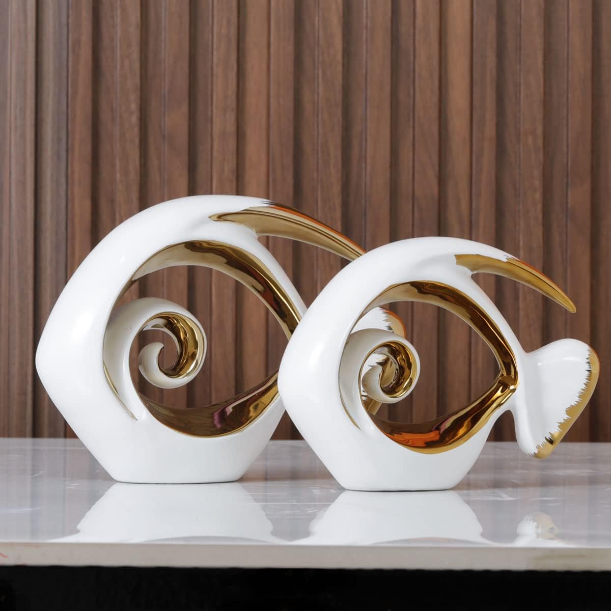 White Gold Ceramic Fish Figurines - Coastal Home Decor, Modern Ocean Centerpieces for Living Room, Dining Area, Bathroom, Office, Coffee Table, Beach House, Nautical, Seaside, Entrance, Shelf Display