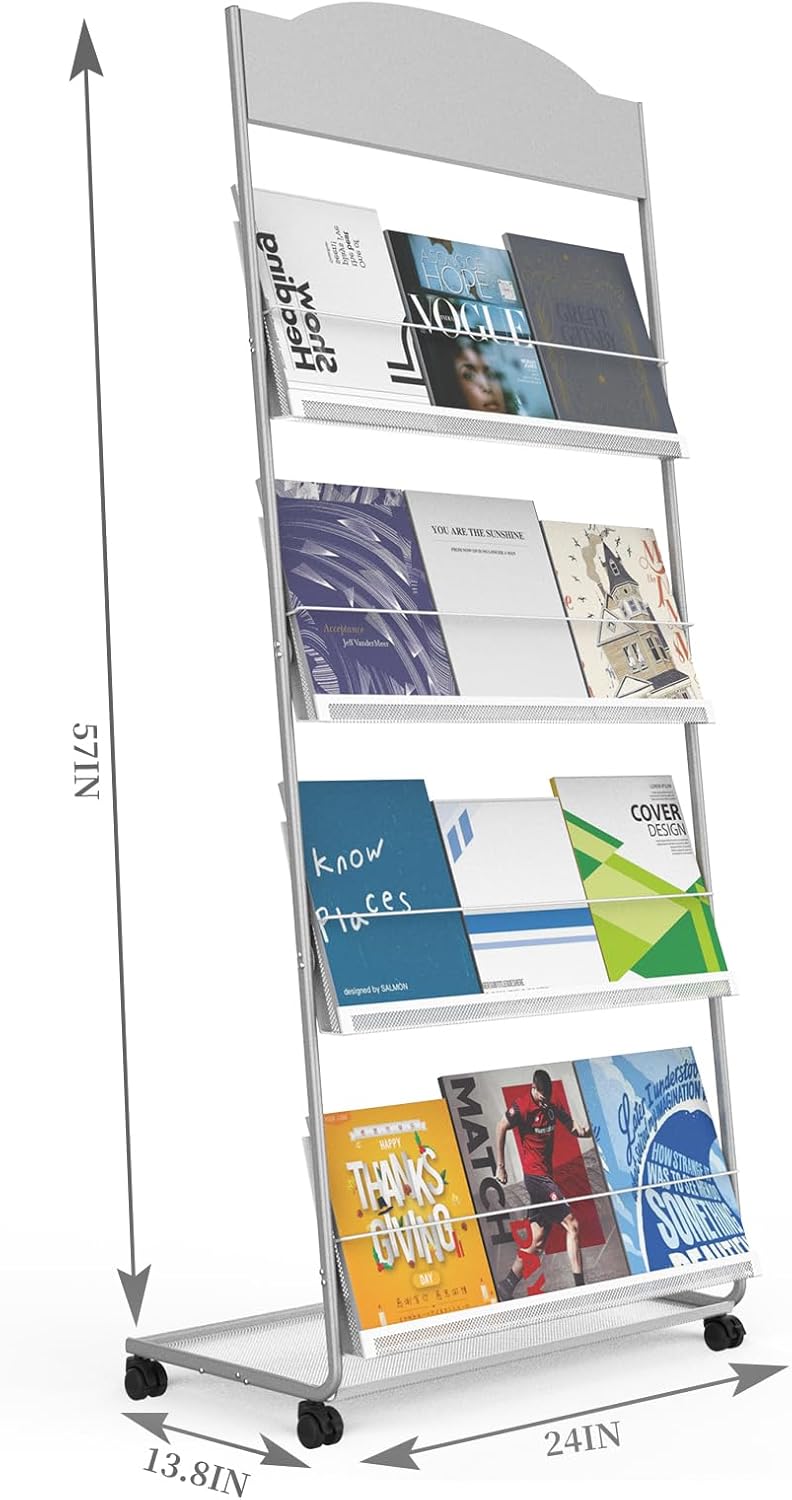 Floor-Standing Magazine Rack 4-Layer with Wheels, Semi-arched top Brochure Display Stand, High-hardness metal for Exhibitions, Office, and Any Organization Requiring Information Display (Arc-Sliver)