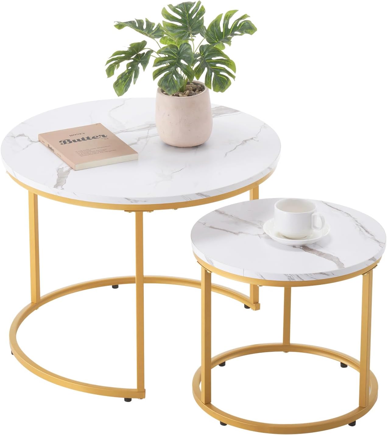 VEVOR Nesting Tables, Coffee Table Set of 2, 23.6 inch Round Coffee Table, Small Coffee Tables Night Stand with Metal Frame, for Living Room, Bedroom, Office (White & Gold)