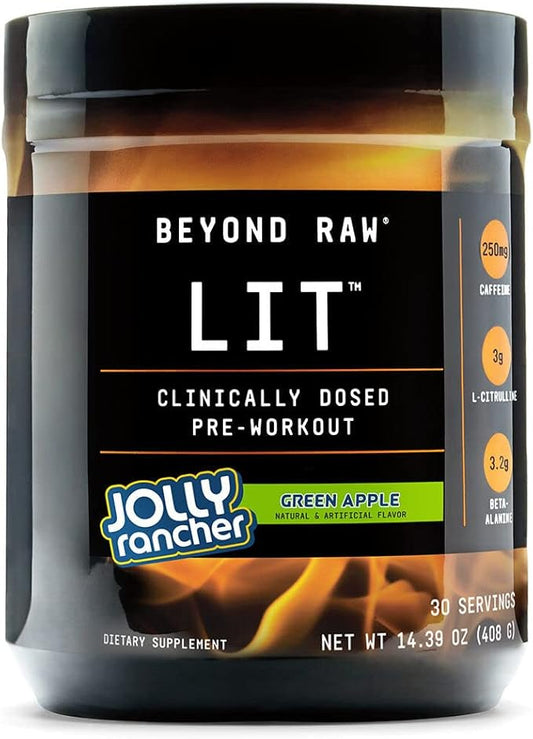 BEYOND RAW LIT | Clinically Dosed Pre-Workout Powder | Contains Caffeine, L-Citrulline, Beta-Alanine, and Nitric Oxide | Jolly Rancher Green Apple | 30 Servings