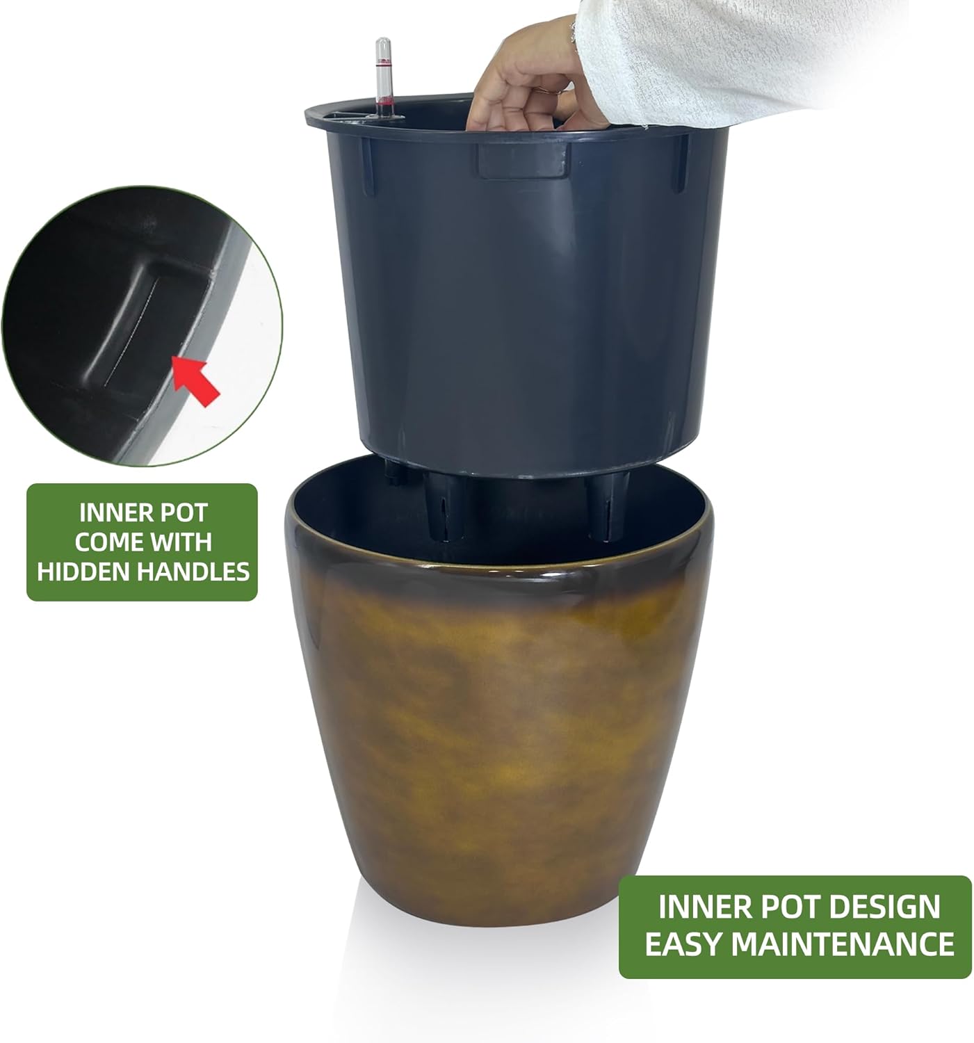 Dexceder 15x14 Self Watering Planter with Wheels Indoor Outdoor, Inner Pot Design, Thickened Large Floor Standing Flower Plant Pot with Water Level Indicator (Yellow Brown Gradient)