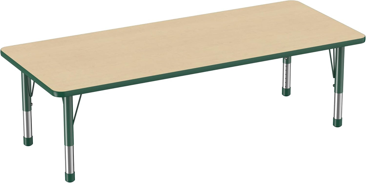 Factory Direct Partners FDP Rectangle Activity School and Classroom Kids Table (30 x 72 inch), Chunky Toddler Leg, Adjustable Height 15-24 inches - Maple Top and Green Edge