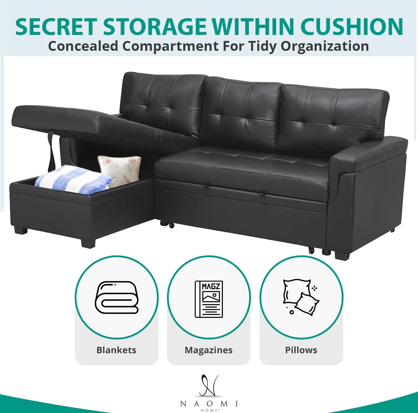 Naomi Home Jenny Sectional Sofa Sleeper with Storage Chaise, Tufted Pull Out Couch with Storage, L-Shaped Reversible Sleeper Sofa with Storage, Black,Air Leather
