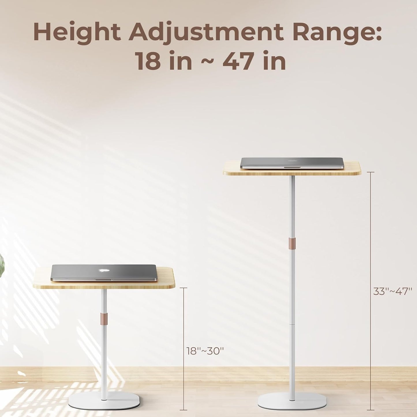 Portable Laptop Floor Stand, Bedside/Sofa Table with Height Adjustable 18''~47'', Stylish Movable Workstation Floor Standing Desk for Office, Meeting Room, Living Room Easy Assembly, White