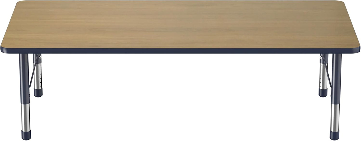 FDP Rectangle (36 x 72 inch) Classroom Table with Adjustable Chunky Toddler Legs (15-24 in); Preschool, Kinder and Daycare Furniture - Pasadena Oak Top/Navy Edge and Legs