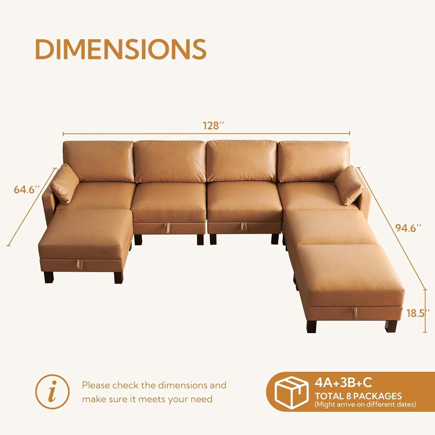 Faux Leather Modular Sofa Couch 128" Modern 7-Seat Sofa with Chaises, Upholstered Sectional Couch with Wood Square Legs for House, Living Room, Reception Room, Apartment, Tan