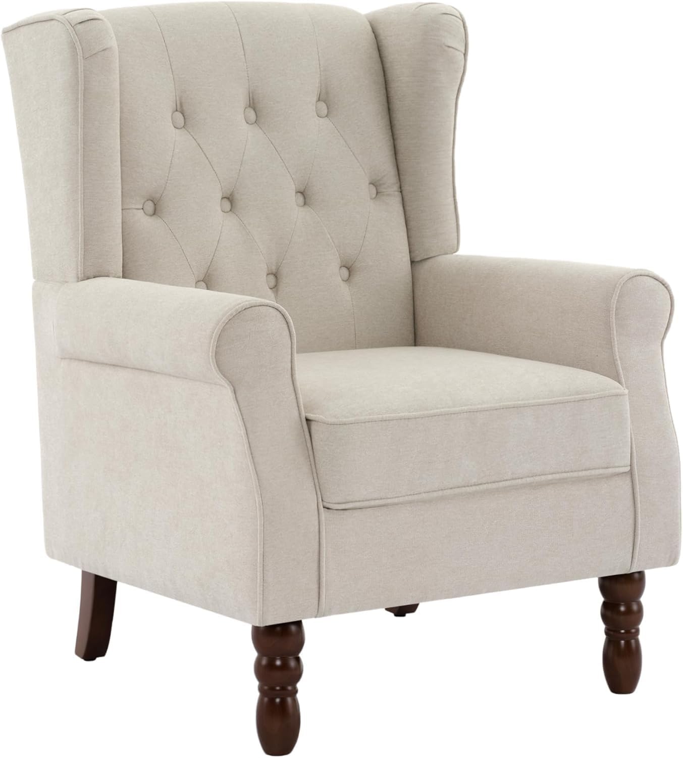 UIXE High Back Accent Chairs Set of 2, Upholstered Armchair in Fabric for Living Room, Retro Wingback Arm Chair Comfy Single Sofa Bedroom Reading Seat with Solid Wood Legs - Beige